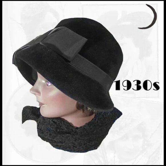 Vintage Accessories - Vintage Cloche Hat + HATBOX Deluxe Velour Fur Felt Fall Winter 30s 1930s